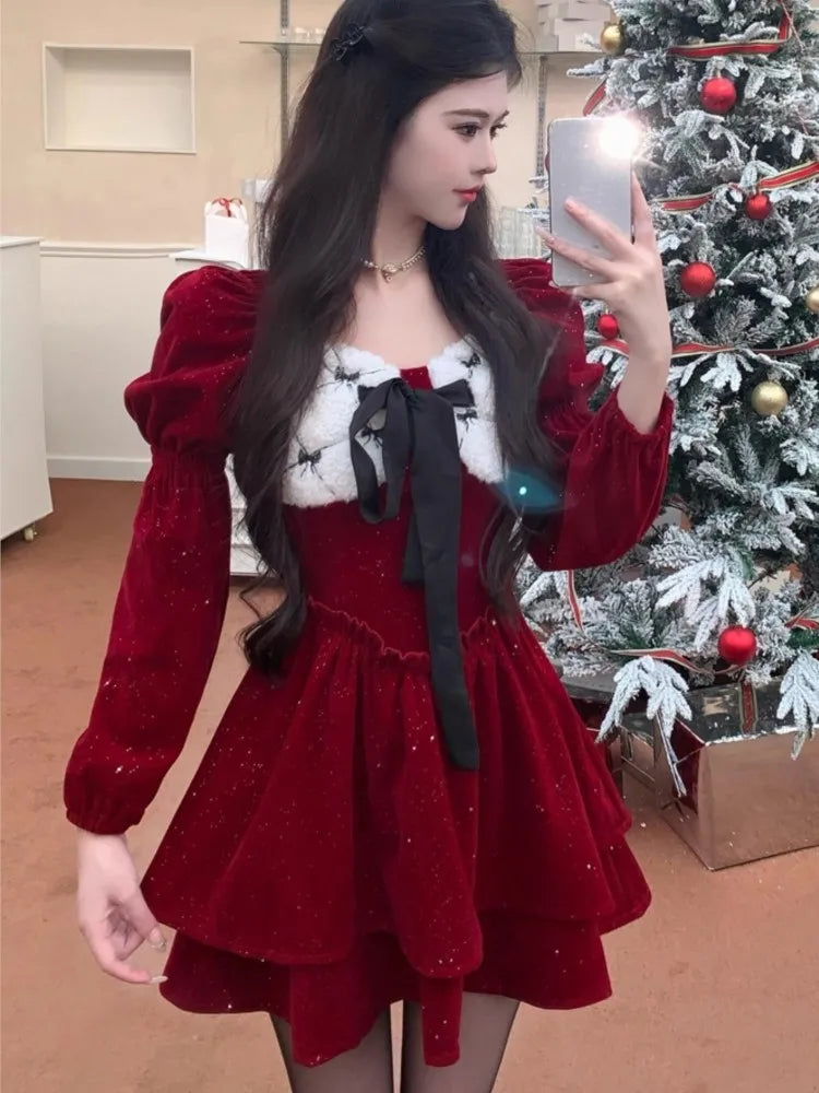 Sweet Velvet Dress for Women Elegant Square Collar Long Sleeves Christmas Birthday Party Dresses Female Prom A-Line Vestidos New