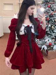 Sweet Velvet Dress for Women Elegant Square Collar Long Sleeves Christmas Birthday Party Dresses Female Prom A-Line Vestidos New