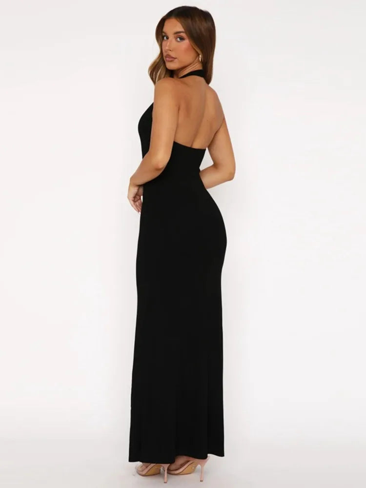 Halter Backless Sexy Maxi Dress Women Gown Summer New Solid U Neck Sleeveless High Waist Long Dress Elegant