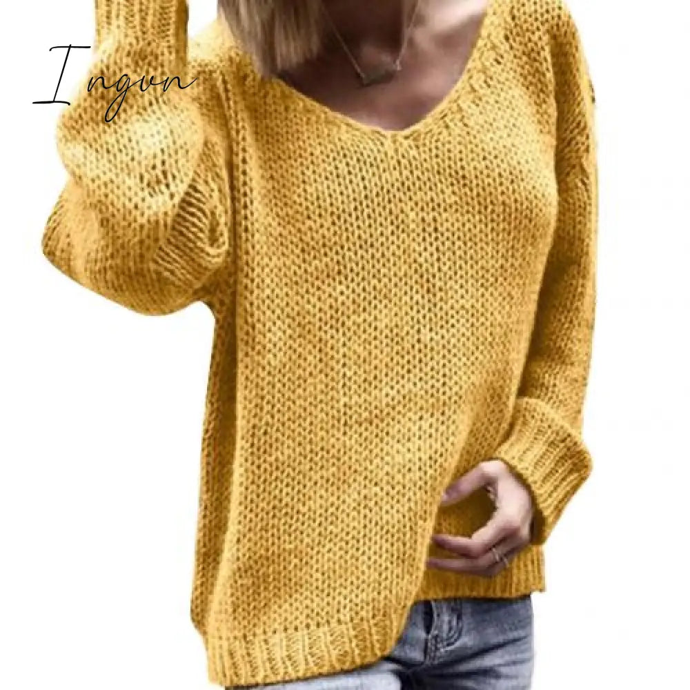 Ingvn - 2023 Casual Women Loose Solid Color Knitted Sweater V Neck Long Sleeve Top Women Clothing Pull Femme