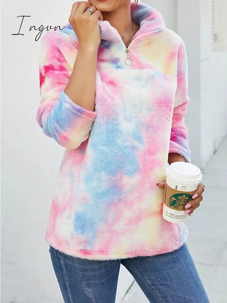 Ingvn - Women's Sweatshirt Pullover Fuzzy Teddy Yellow Pink Tie Dye Casual V Neck Long Sleeve Fleece Top Micro-elastic Fall & Winter