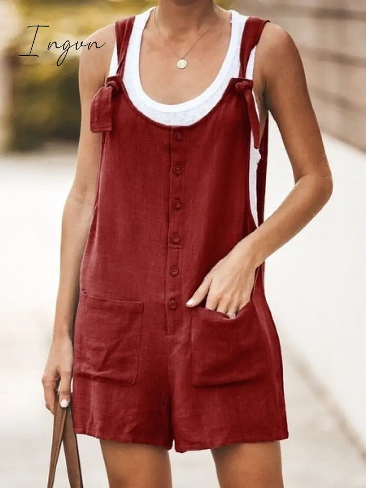 Ingvn - Summer Women Sleeveless Overalls Elegant Jumpsuits Romper Casual Vintage Ladies Short Pants Cotton and linen Wide Leg Pants