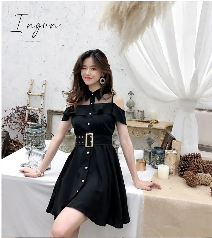 Ingvn - Korean OL New Single Breasted Women Summer Dress Sweet Chic Black office work Short mini Dresses With Belt Vestidos jurken