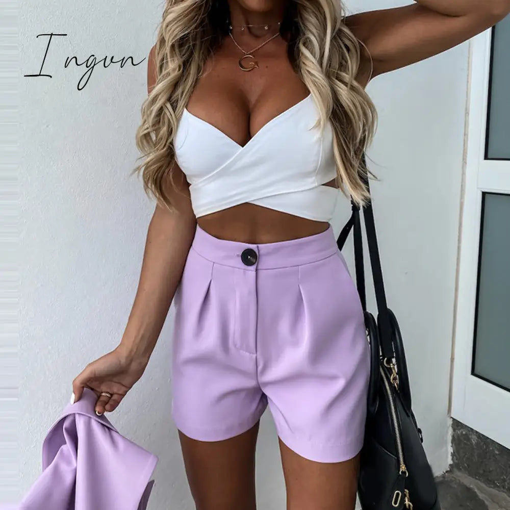 Ingvn - Women Sleeveless plaid button up elastic waist Blazer Top and pocket short Set Elegant Office Ladies Suits Women Workwear