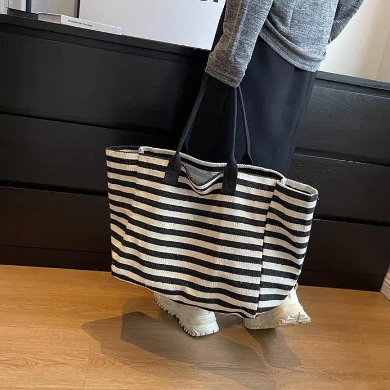 Ingvn  Commuter Bag Women Fashion Large-capacity Handbag Bag Student Striped New Niche Zebra Canvas One-shoulder Mommy Tote Bags