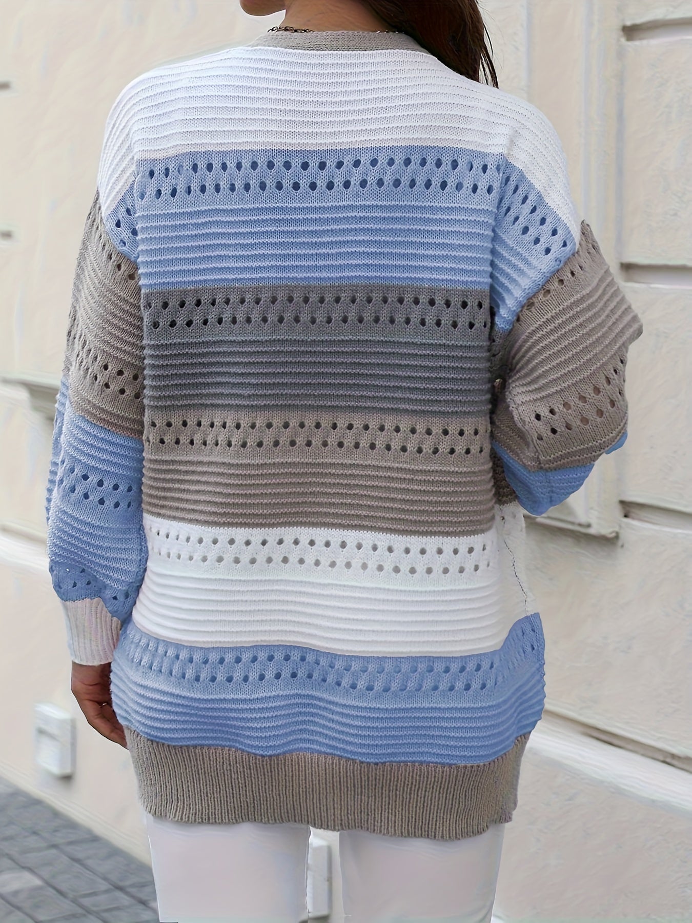 Plus Size Casual Cardigan, Women's Plus Colorblock Hollow Out Long Sleeve Open Front Cardigan