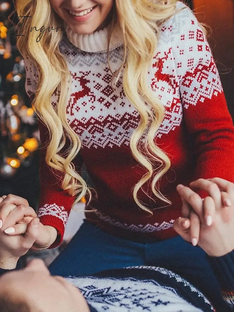Ingvn - Women's Ugly Christmas Sweater Pullover Sweater Jumper Jumper Ribbed Knit Patchwork Geometric Turtleneck Stylish Casual Christmas Daily Fall Winter Red S M L