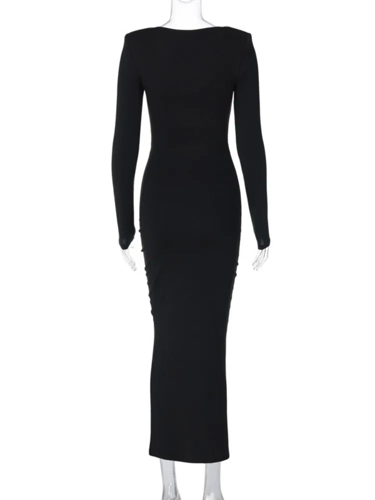 Elegant Flower Hollow Out Midi Dress For Women Black V Neck Long Sleeve Bodycon Sexy Dress Female Skinny Party Dress