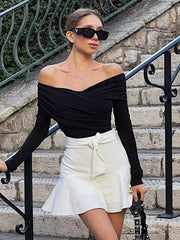 Ingvn  Sexy V-neck Long Sleeve Bodysuits Fashion Autumn Off Shoulder One Piece T-shirts Streetwear Female Folds Pink Tops Jumpsuit
