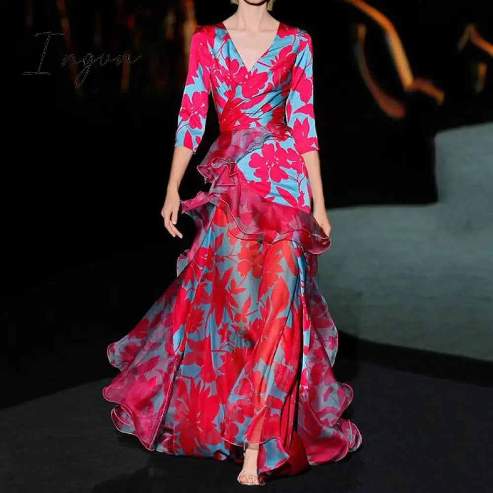 Ingvn - New Women Slim Fit High Waist Dress With Sashes Summer Printing Long Sleeve Button Dress Elegant Female Streetwear Casual Dress