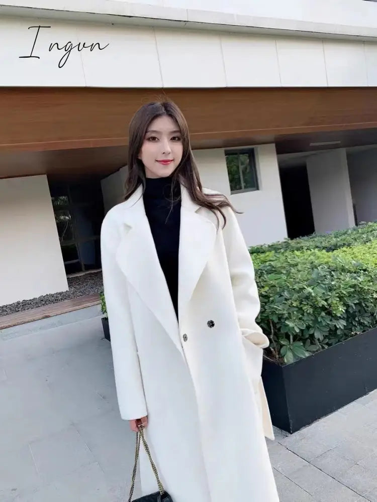 Ingvn - White double-sided cashmere coat women's mid-length over-the-knee autumn new high-end slim Australian wool woolen coat