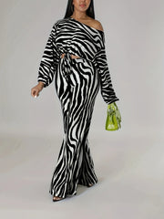 Long Sleeve Cut Out Crop Top & Wide Leg High Waist Pants Set, Zebra Pattern Elegant Outfits, Women's Clothing