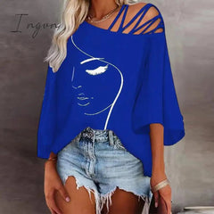 Ingvn - Retro Abstract Print Women Tee Shirts Spring Skew Collar Bandage Hollow Top Pullover Autumn Half Sleeve Office Lady T-shirt