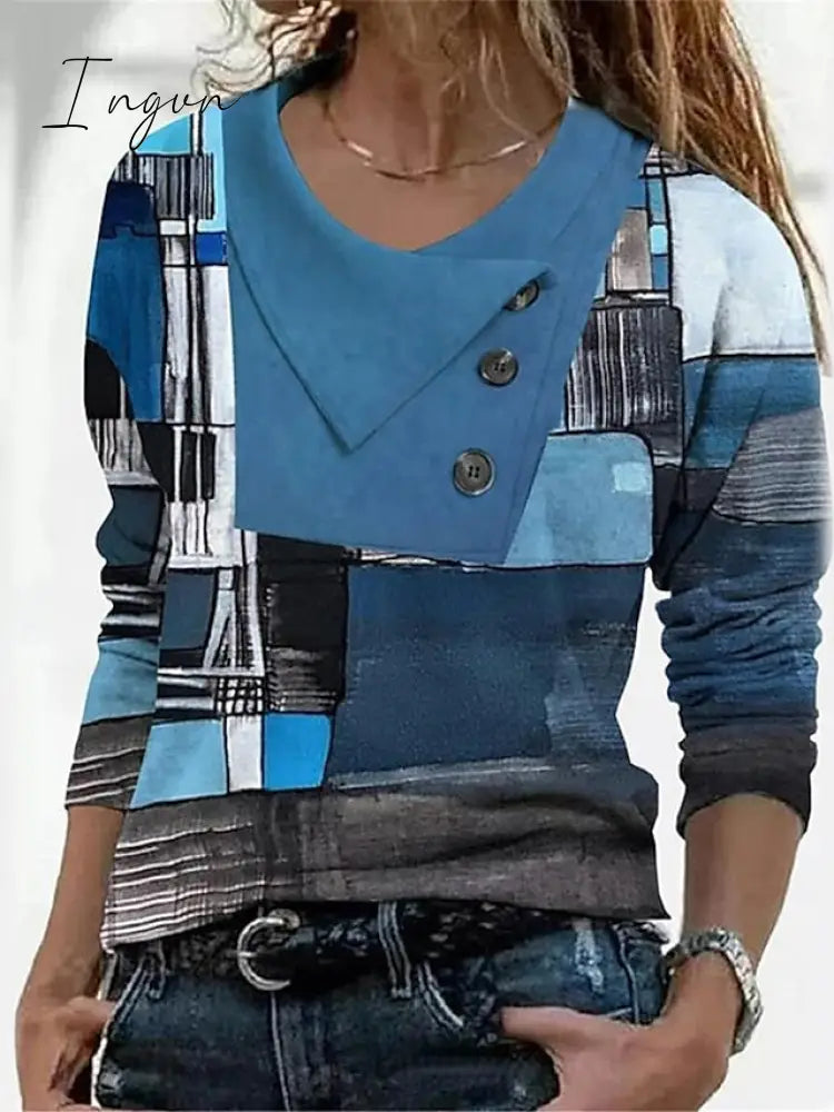 Ingvn - Women's T shirt Tee Red Navy Blue Blue Geometric Abstract Button Print Long Sleeve Casual Weekend Basic Pile Neck V Neck Geometric Painting