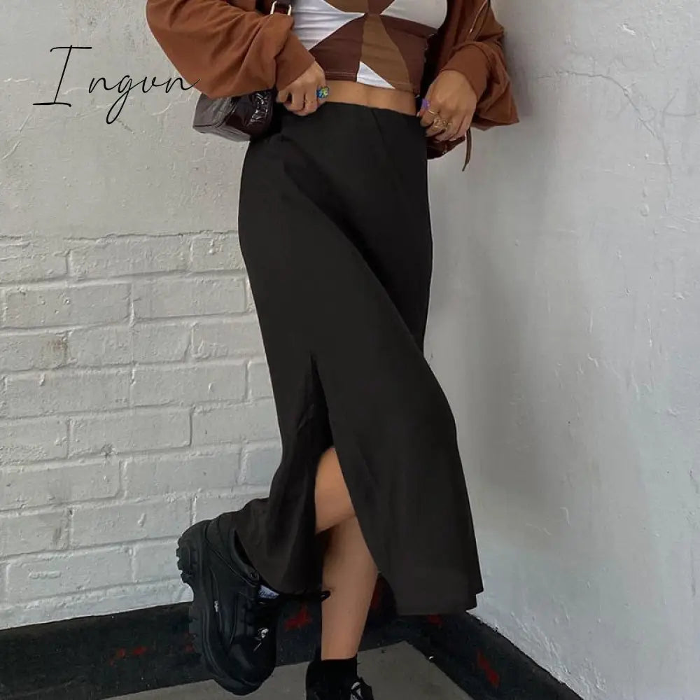 Ingvn - Autumn Fairy Grunge Long Tulle Skirts Women Kawaii Plaid Black Skirt Harajuku Low waisted Skirt Korean Fashion