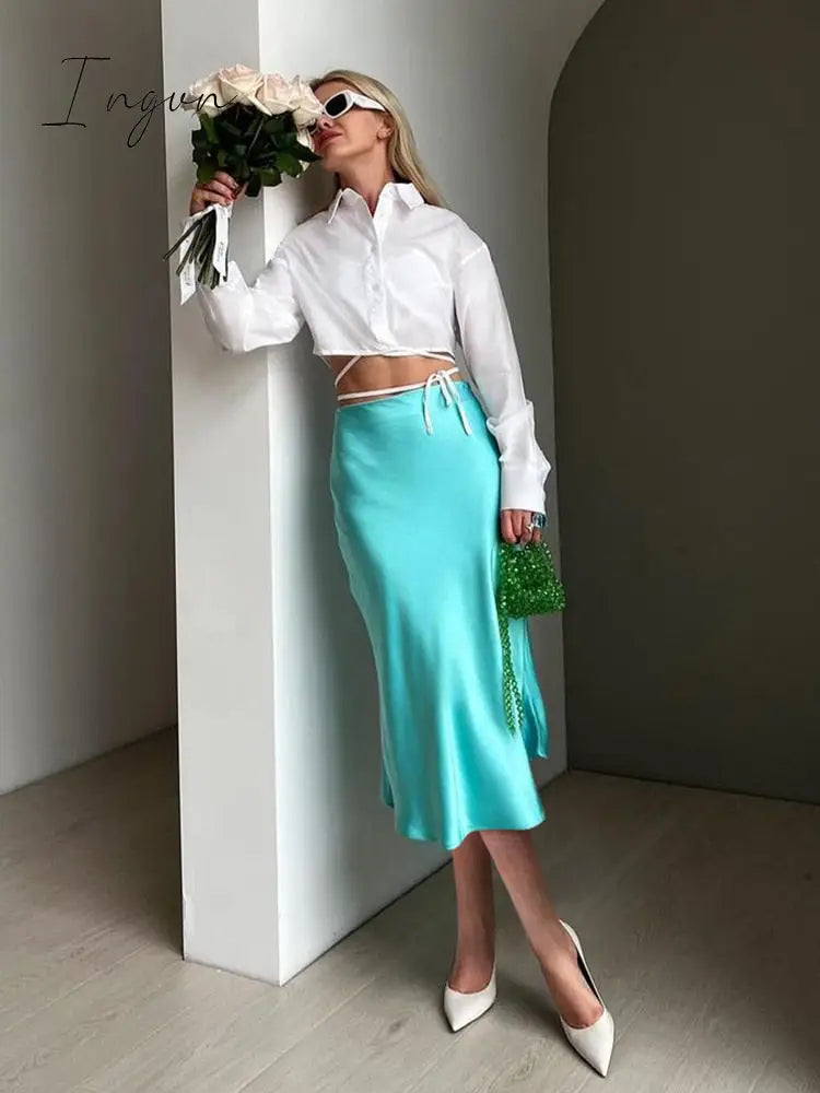 Ingvn - Solid Purple Satin Silk Skirt Women High Waisted Summer Long Skirt New Elegant Ladies Office Skirts Midi Spring