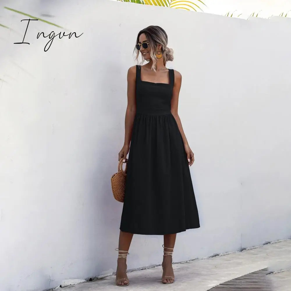 Ingvn - Women Long Dress Summer Sexy Backless Casual White Black Ruched Slip Midi Sundresses Ladies Strap Clothes For Women y2k