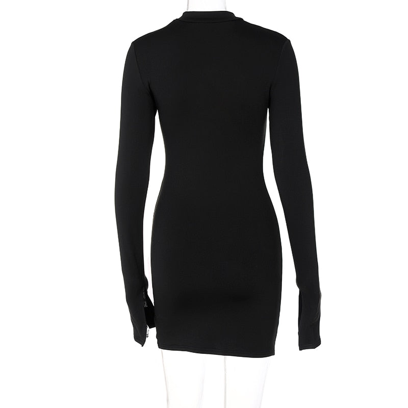 Long Flare Sleeve O Neck Bodycon Hollow Out Mini Dress Autumn Winter Women Fashion Outfit Y2K Slim Streetwear