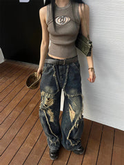 Ingvn  Women's Tassel Big Pocket Design Wide-leg Jeans Cool Girl High Waisted Fashion Loose Pants Female Straight Retro Denim Trousers