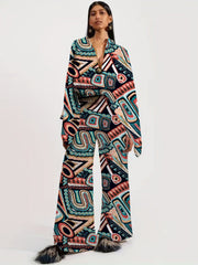 Two-piece Set, Long Sleeve Ethnic Print High Waist Wide Leg Pants Outfits, Button Front Blouse Women's Clothing