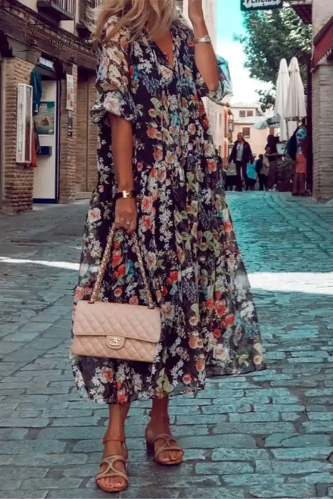 Ingvn - Casual Print Patchwork V Neck Cake Skirt Dresses