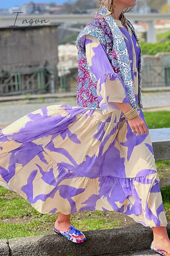Ingvn - Casual Elegant Floral Buttons V Neck Printed Dress Dresses