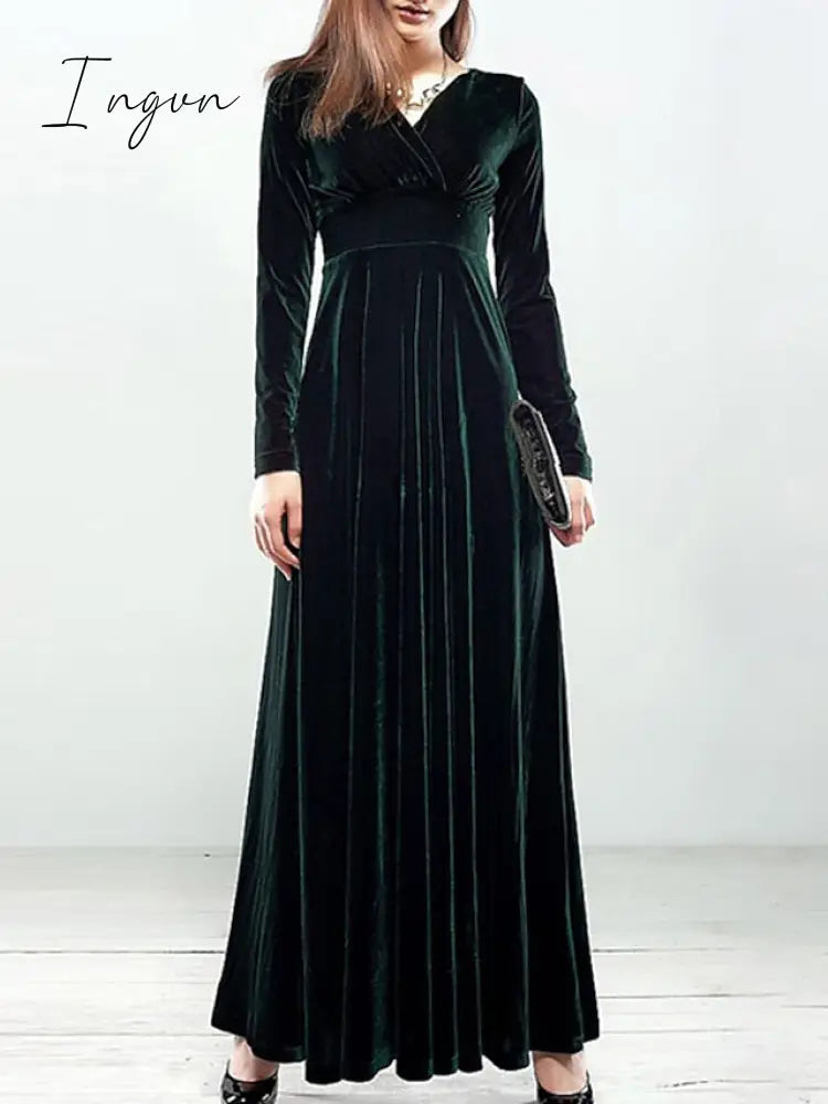 Ingvn - Women‘s Party Dress Wedding Guest Dress Velvet Dress Long Dress Maxi Dress Black Wine Royal Blue Long Sleeve Pure Color Ruched Fall Spring V Neck Fashion Party Winter Dress Evening Party 2023 S M L XL