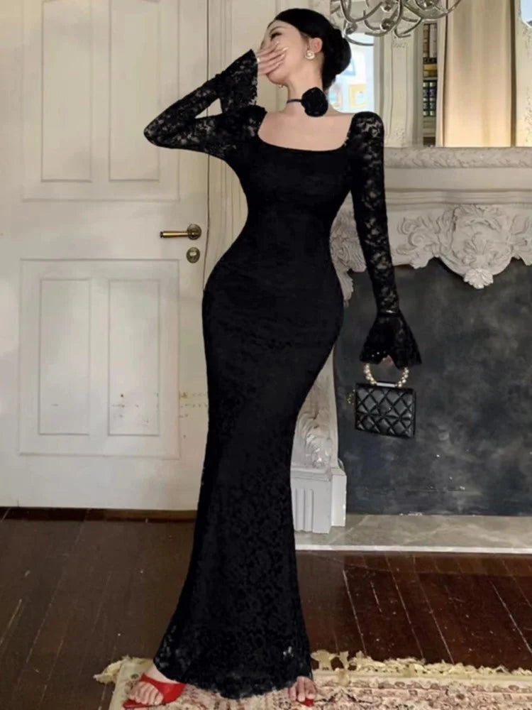 Elegant Tie Flowers Solid Evening Dresses Square Collar Flare Sleeve Lace Mermaid Long Dress Slim Party Vestidos Women's Clothes