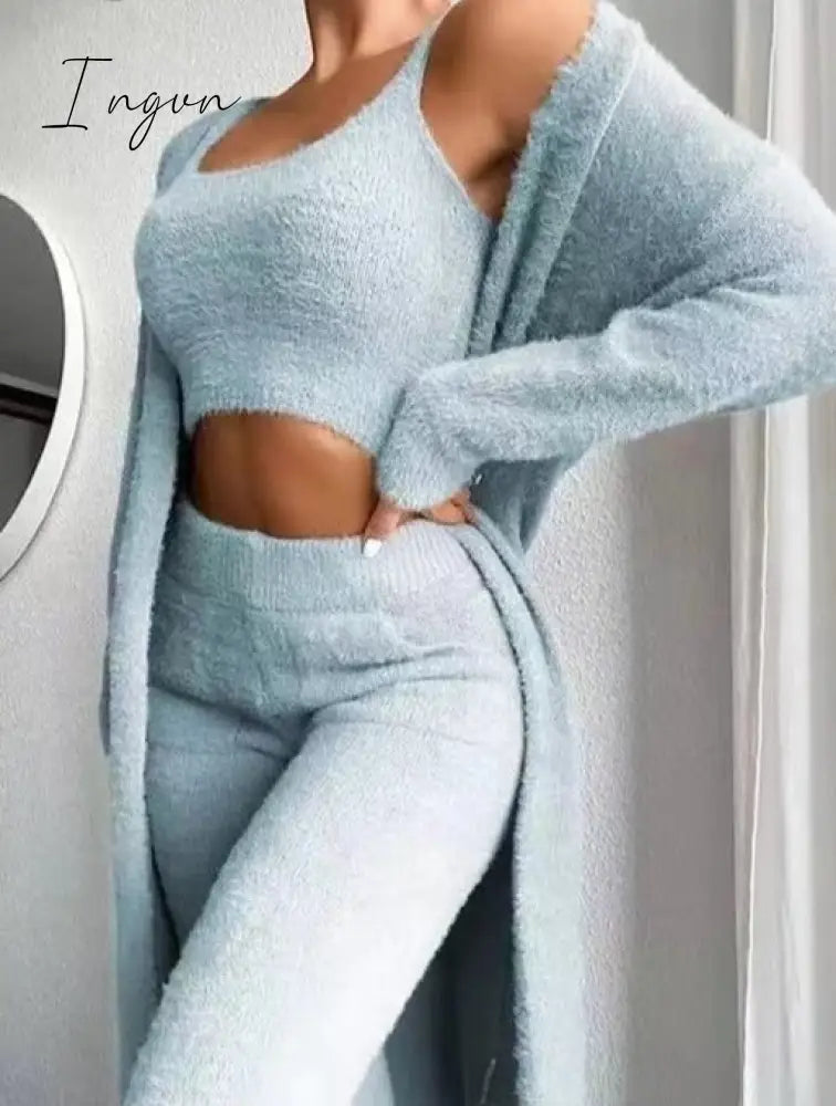 Ingvn - Brand quality Autumn Winter Fur 3 Piece Outfits Sexy Backless Crop Tops Women  Lingerie Home Service Lounge Wear Sets Tracksuit Fleece Pyjamas