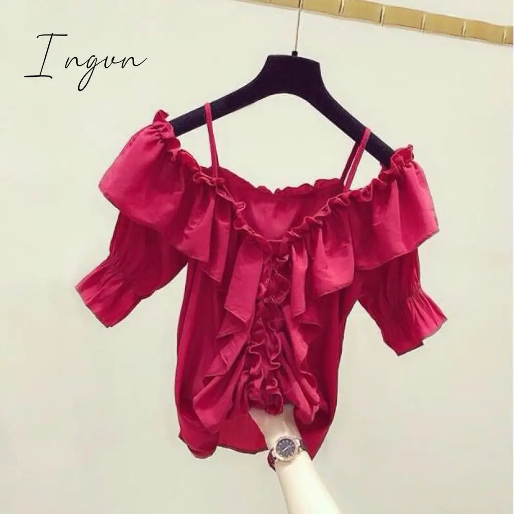 Ingvn - Ruffle Youth Elegant Blouses Tops Women Fashion Low Cut Blouse Summer Chiffon Shirt Pretty Bebeautiful Clothes