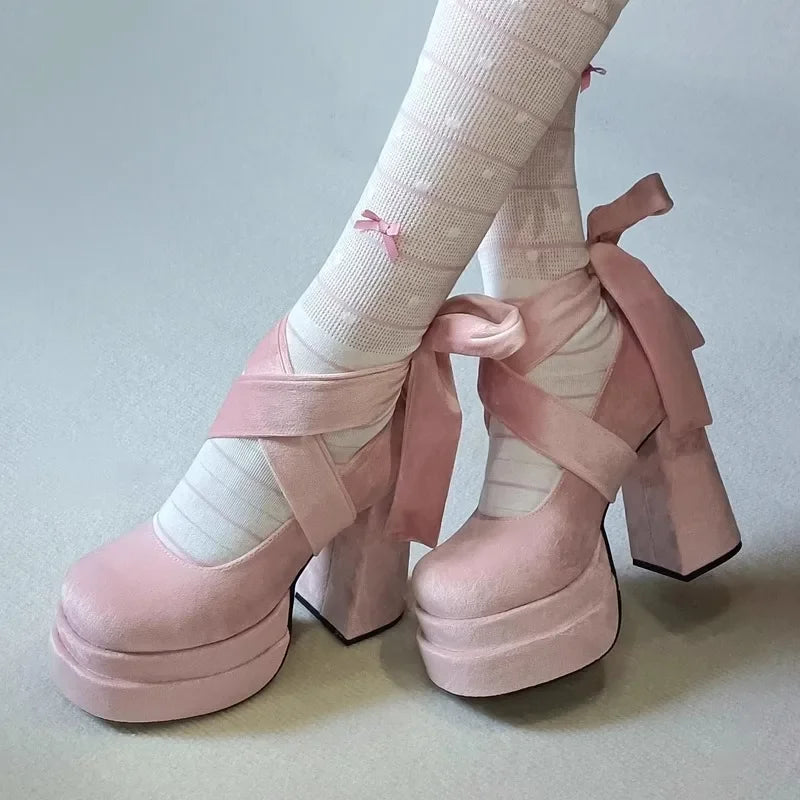 Ingvn  Platform Women Mary Jane Shoes Ladies Fashion Cross-tied Thick High Heel Footwear Women's Elegant Dress Pumps Shoes