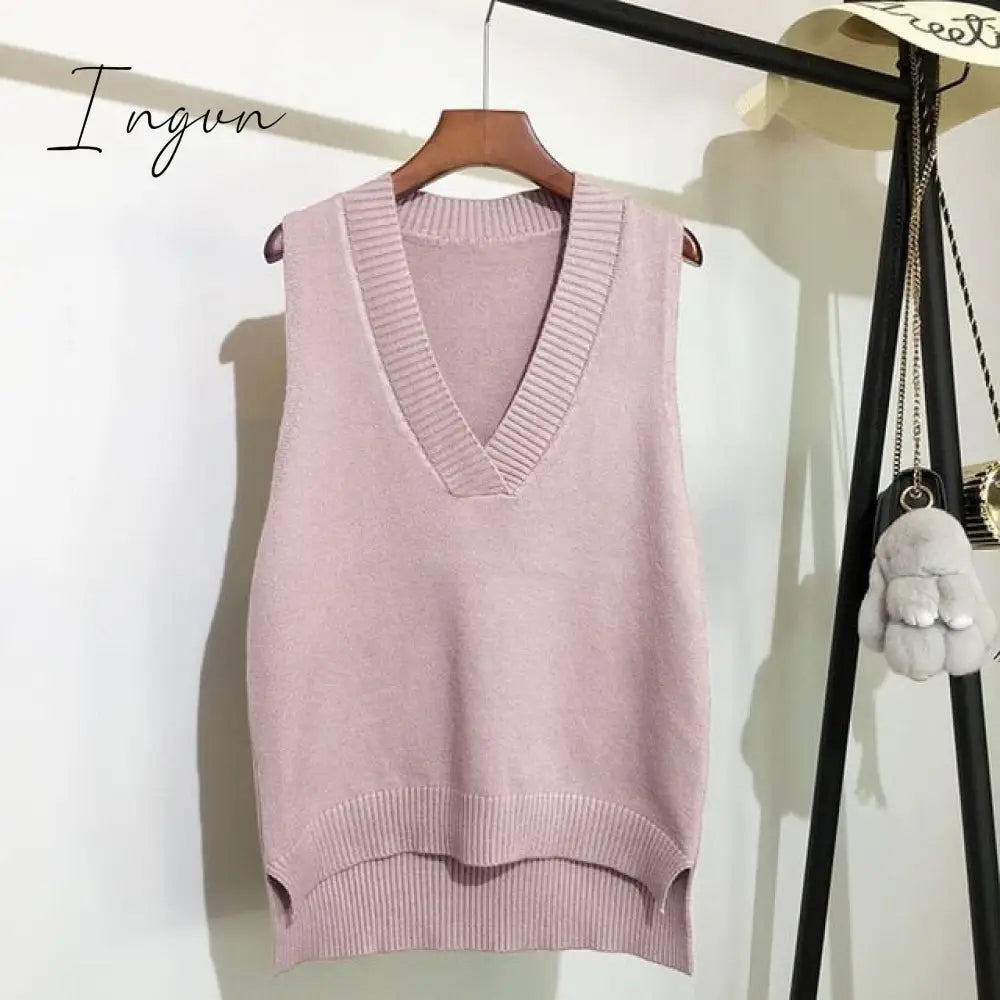 Ingvn - Fashion Women Knitted Vest Pullovers V Neck Sleeveless Houndstooth Knitted Jumper Pullovers Korean Loose Plaid Sweater Vest