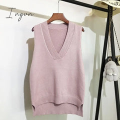 Ingvn - Women V Neck Sweater Vest Korean Preppy Style Solid Knitted Sleeveless Sweater Female Autumn Winter Casual Loose Pullover Jumper