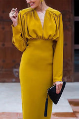 Ingvn - Elegant Solid Fold V Neck One Step Skirt Dresses