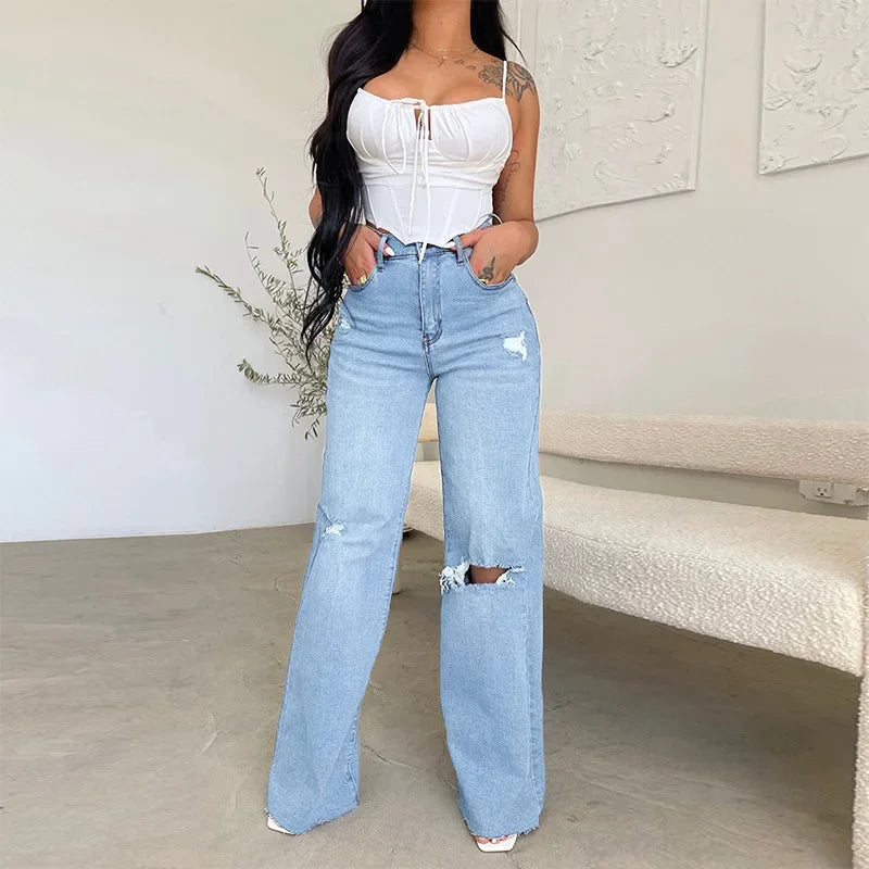 Ingvn  Women's Denim Pants  Summer Fashion High Waisted Handmade Frayed Edge Wide Leg Pants Streetwear Ripped Baggy Jeans