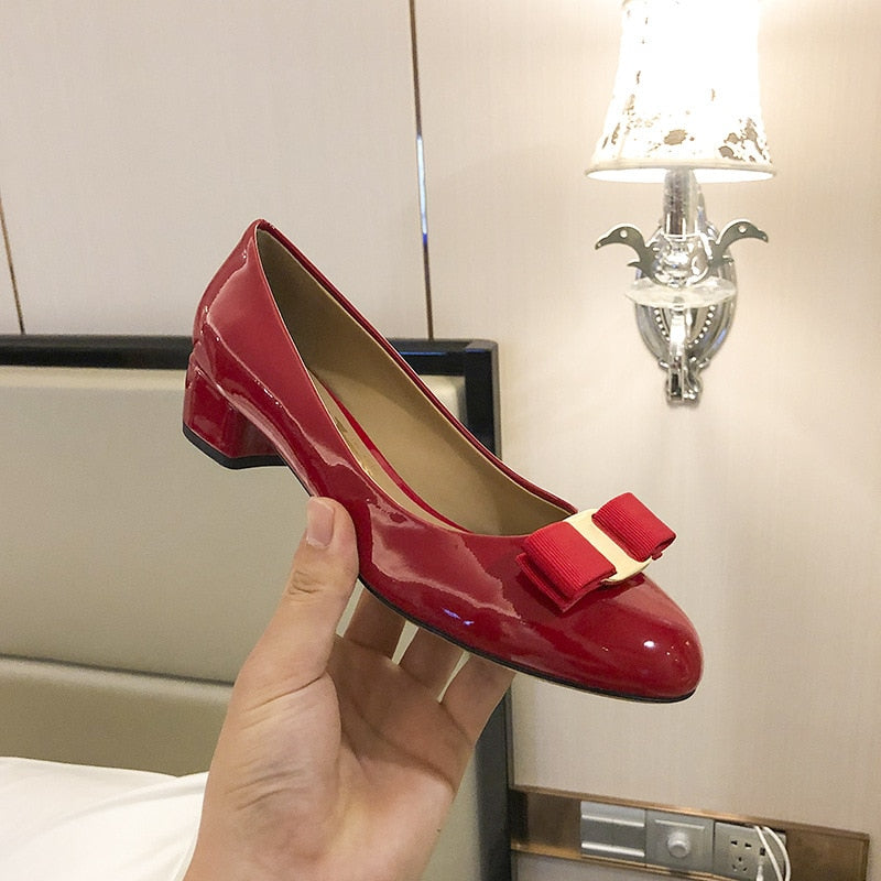 Patent Leather Bow In A Thick Single-heel Women's Shallow Flat-soled High-heeled Red Wedding Shoes Spring Shoes
