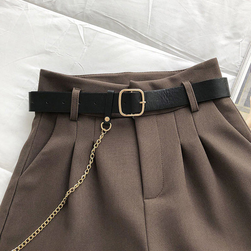 New Summer Women's Shorts Button Solid Color Pocket Casual High Waist Suit Shorts Casual Thin Women Clothing + Send Belt