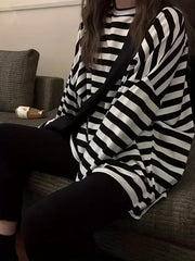 Vibrant Striped Print Relaxed Fit Crew Neck T-Shirt - Women's Casual Drop Shoulder Long Sleeve Tee for Spring & Fall - Soft, Breathable, and Stylish Clothing for Everyday Wear