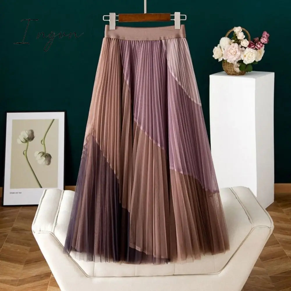 Ingvn - Gauze Patchwork Pleated Midi Skirts Spring Summer New Fashion Streetwear Casual Elastic High-waisted Women's Skirt