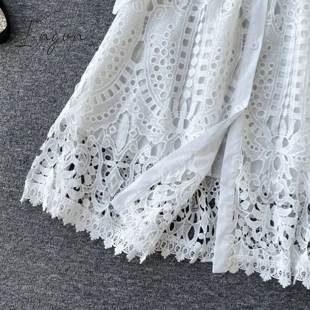 Ingvn - Women Elegant Hollow Out Lace Dress Office Lady Summer Solid O-Neck Button up Sashes Midi Dress Female Chic Short Sleeve Dress