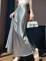 Chic Satin Elegant Long Skirt Women Casual Fashion High Waist Sweet Trumpet Skirts Slim Summer Female Korean Long Skirts