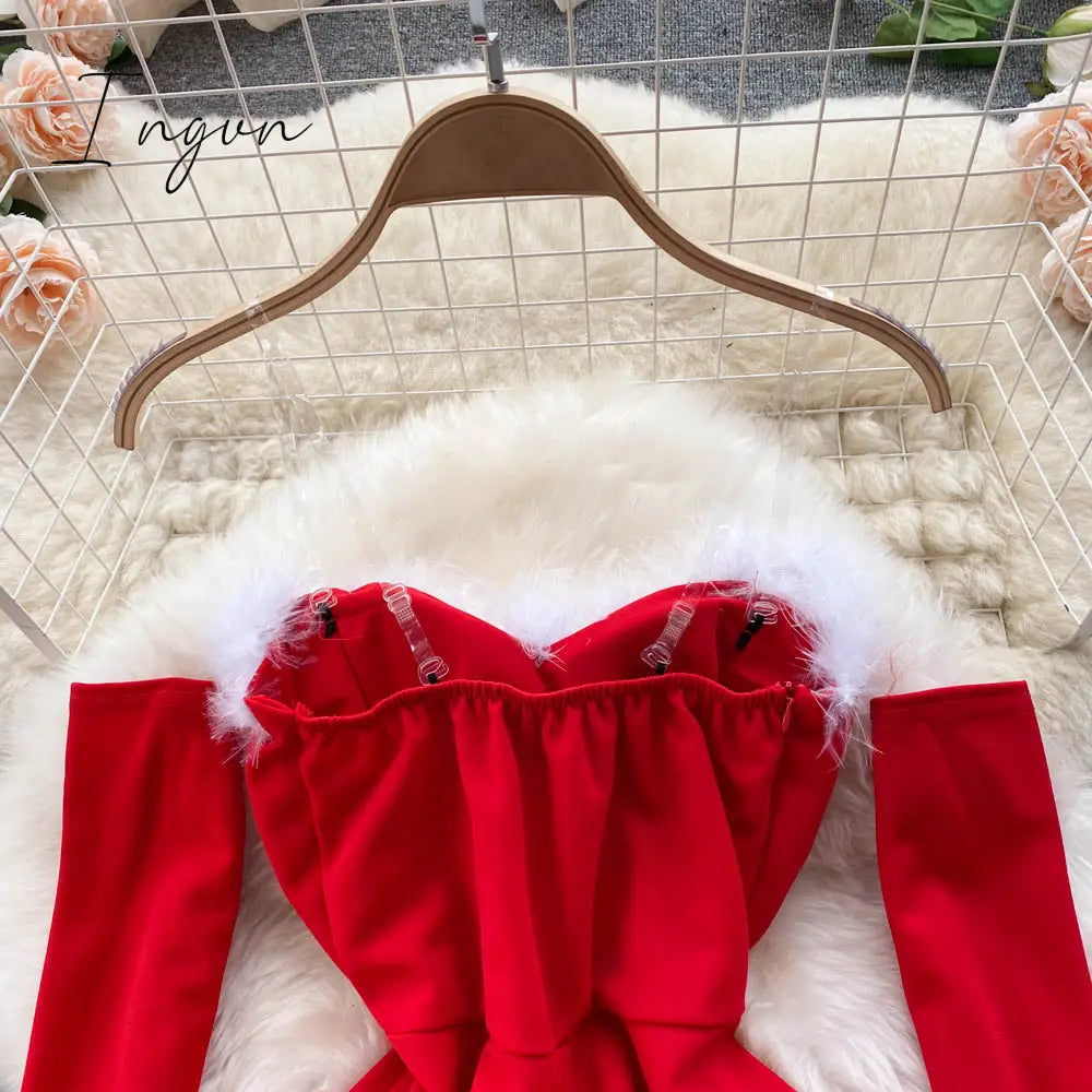Ingvn - Gifts For Women Elegant Dress For New Year Strapless Backless Furry Sexy Short Mini Christmas Dress Navidad Red Party Dress Femme