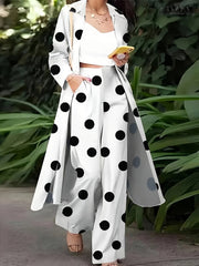 Plus Size Elegant Outfits Set, Women's Plus Dot Print Long Sleeve Lapel Collar Longline Shirt Top & Wide Leg Pants Outfits Two Piece Set