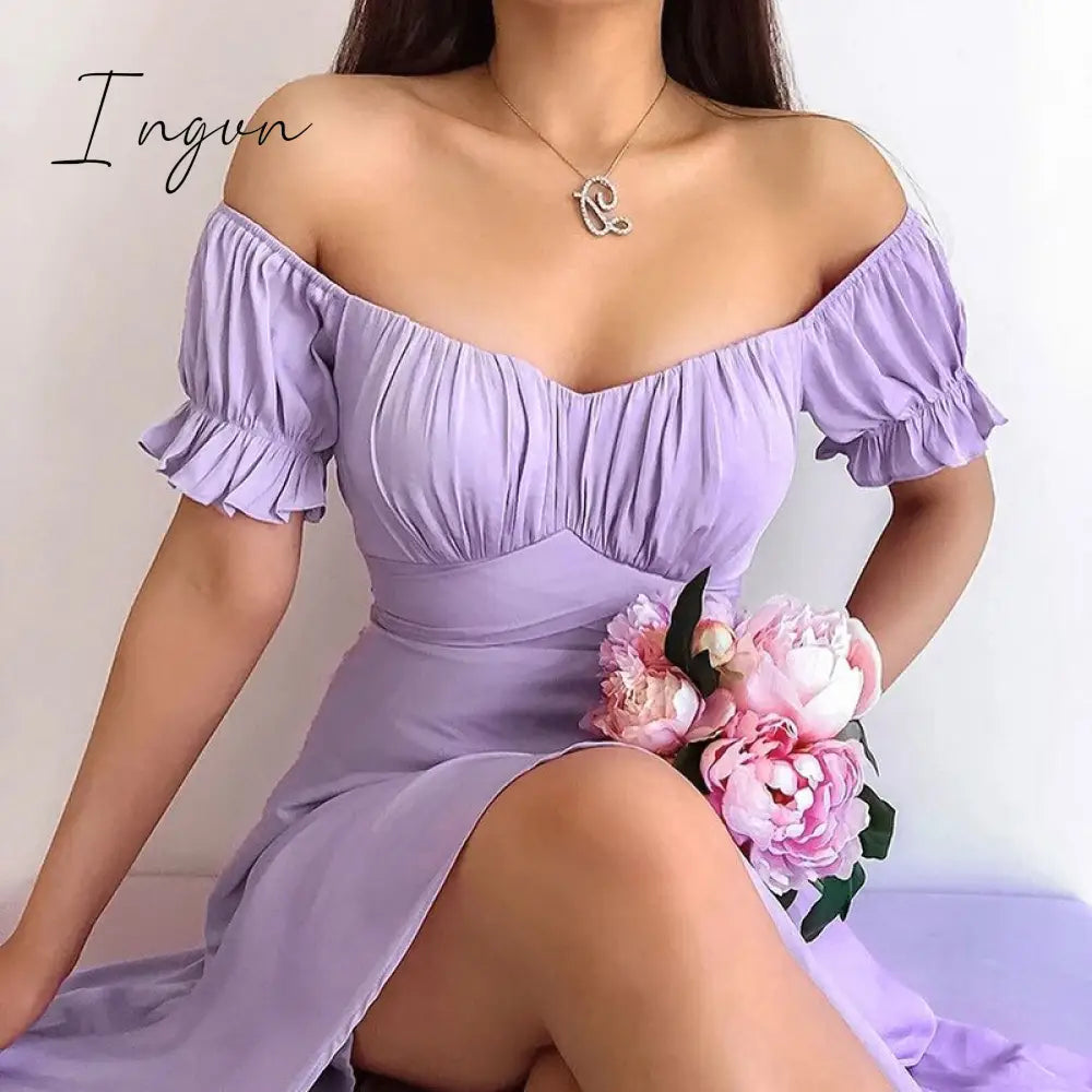Ingvn - Short Sleeve Bodycon Beach Dresses High Waist A-line Ladies Party Vestidos Elegant Solid V-neck Summer Women Dress