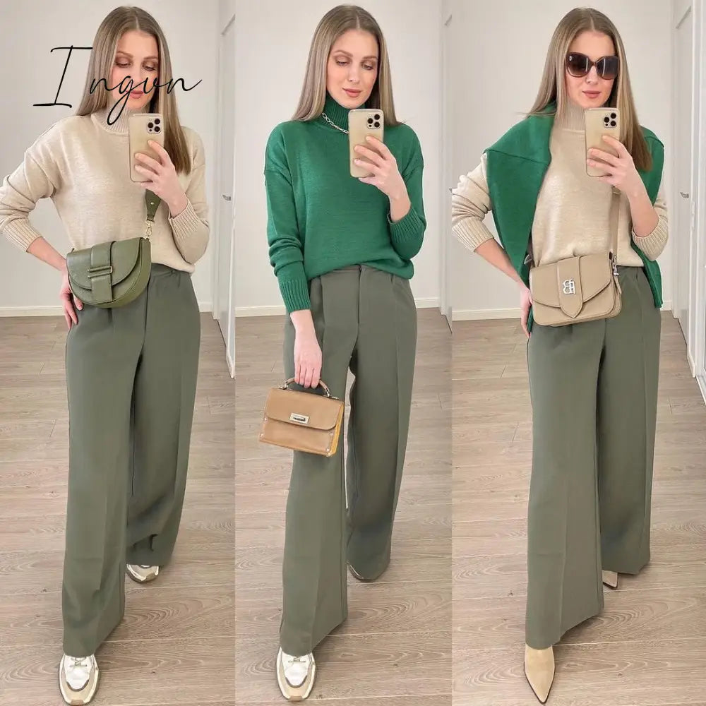 Ingvn - Outfits Trends New Spring Summer Women's Casual Straight Classic Green Black Rose Red High Waist Pants Korean Wide Leg Trousers for Women