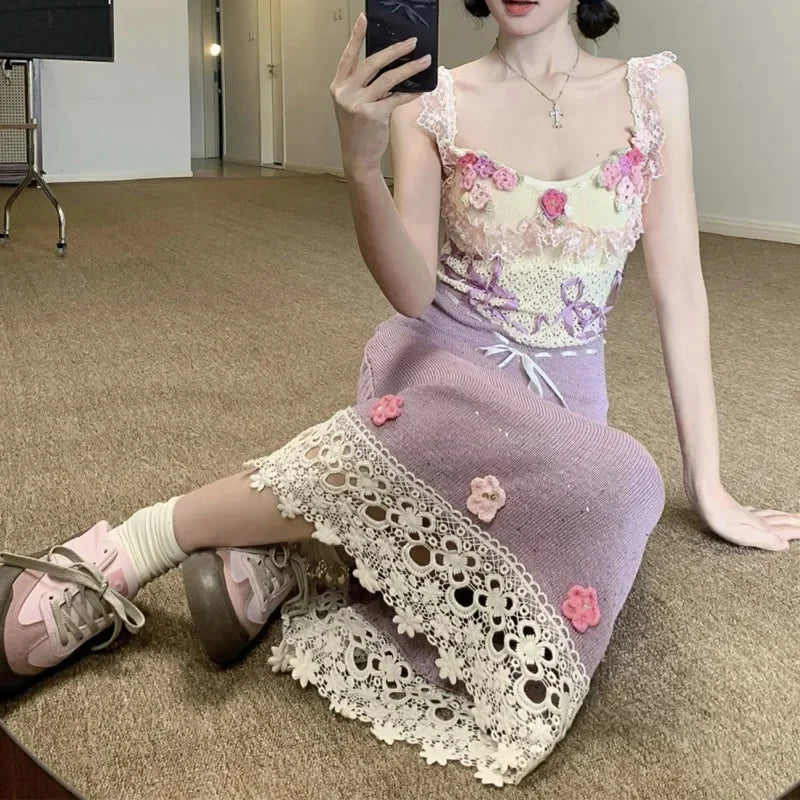 Heavy-Work Knitted Purple Strap Dress Women's French Vintage Design Sensation Beauty Flower Banquet Empire Waist Gown
