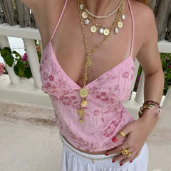 Sexy Sequin Rhinestone Crop Tops Women Y2k Fairy Coquette Camis Pearl Glitter V Neck Backless Tank Shirt Vest Beach