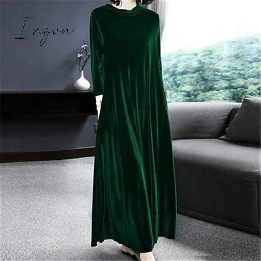 Ingvn - Women‘s Velvet Dress Shift Dress Caftan Dress Long Dress Maxi Dress Green Black Purple Long Sleeve Pure Color Pocket Winter Fall Spring Crew Neck Mature Winter Dress Daily Vacation 2023