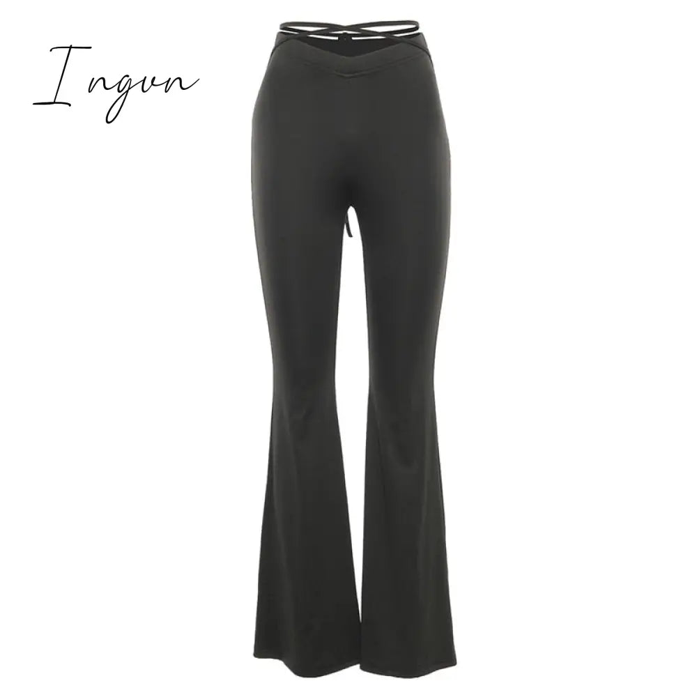 Ingvn - Fashion Trends Cyber Y2k Flare Pants E Girl Style Sexy Strechy Trousers Women Lace Up V Waist Low Rise Harajuku Black Pants C85-BB22