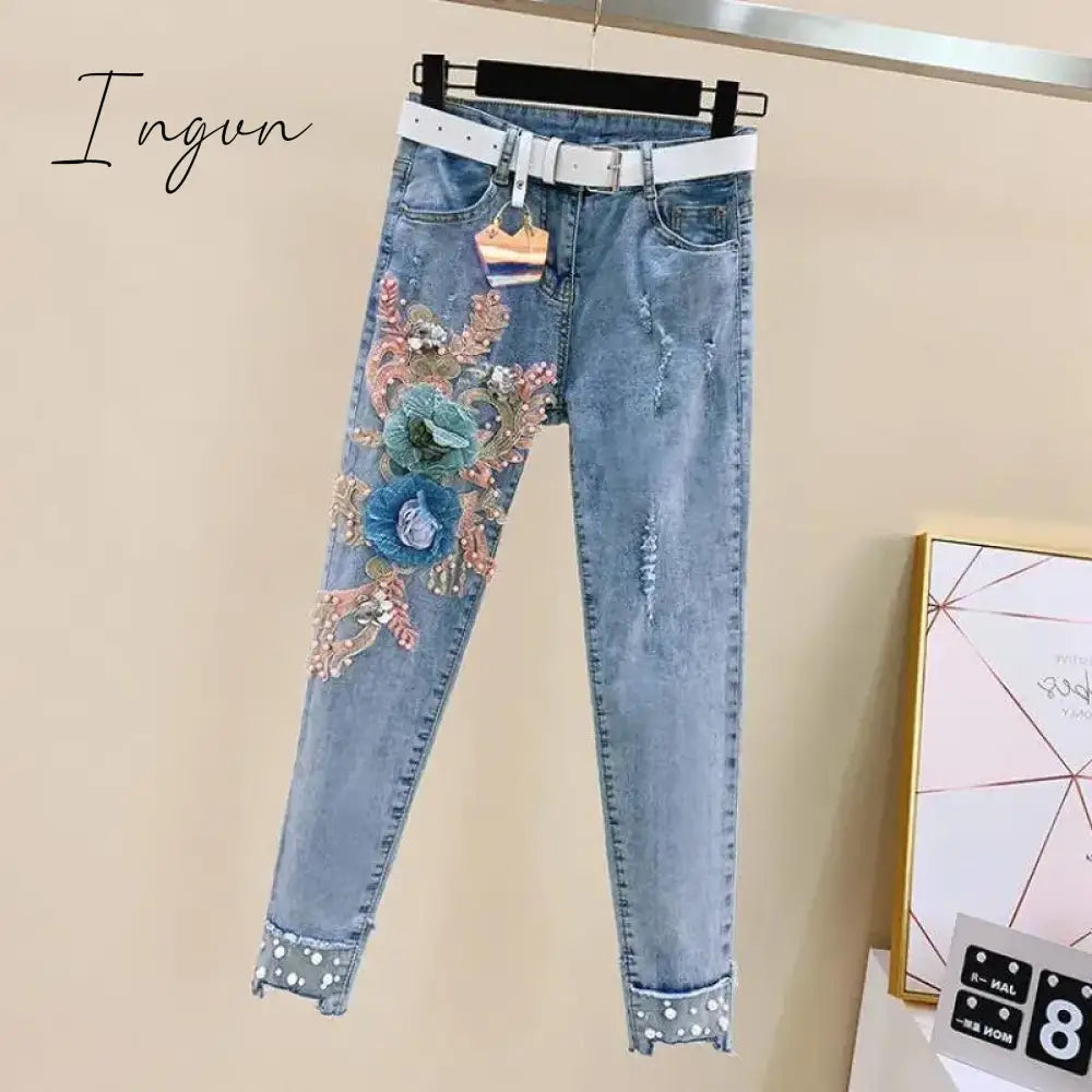 Ingvn - One-Piece/Set Summer New Women Denim Pants Beaded Embroidery Short-Sleeved + Small Feet Hole Jeans Female Two-Piece Suit425